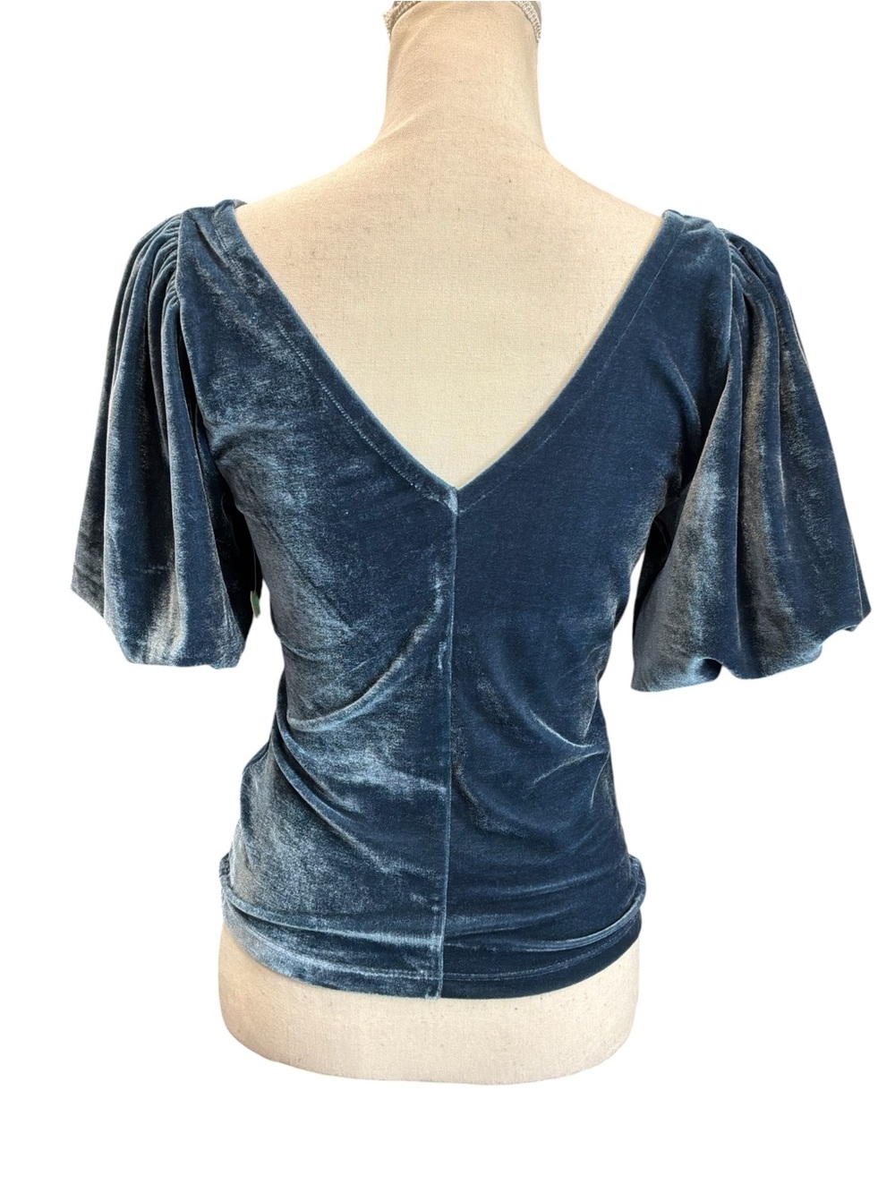Free People Velvet Ruched Puff Sleeve V-Neck Top Blue Gray Small NWT - Picture 5 of 11